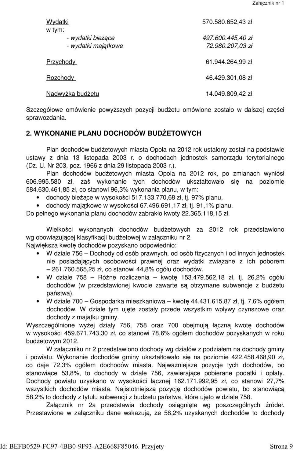 WYKONANIE PLANU DOCHODÓW BUDśETOWYCH Plan dochodów budŝetowych miasta Opola na 2012 rok ustalony został na podstawie ustawy z dnia 13 listopada 2003 r.