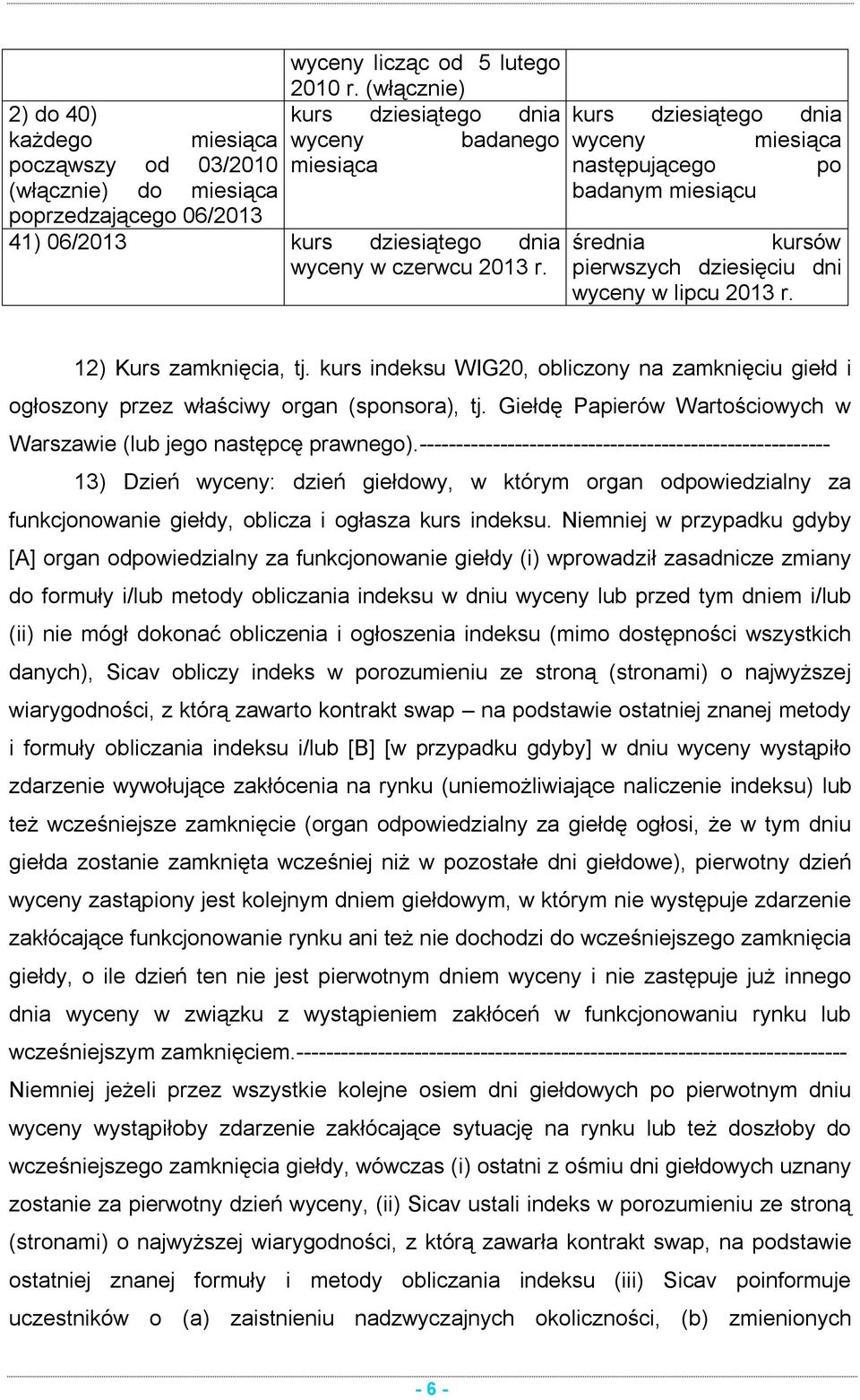 czerwcu 2013 r. kurs dziesiątego dnia wyceny miesiąca następującego po badanym miesiącu średnia kursów pierwszych dziesięciu dni wyceny w lipcu 2013 r. 12) Kurs zamknięcia, tj.