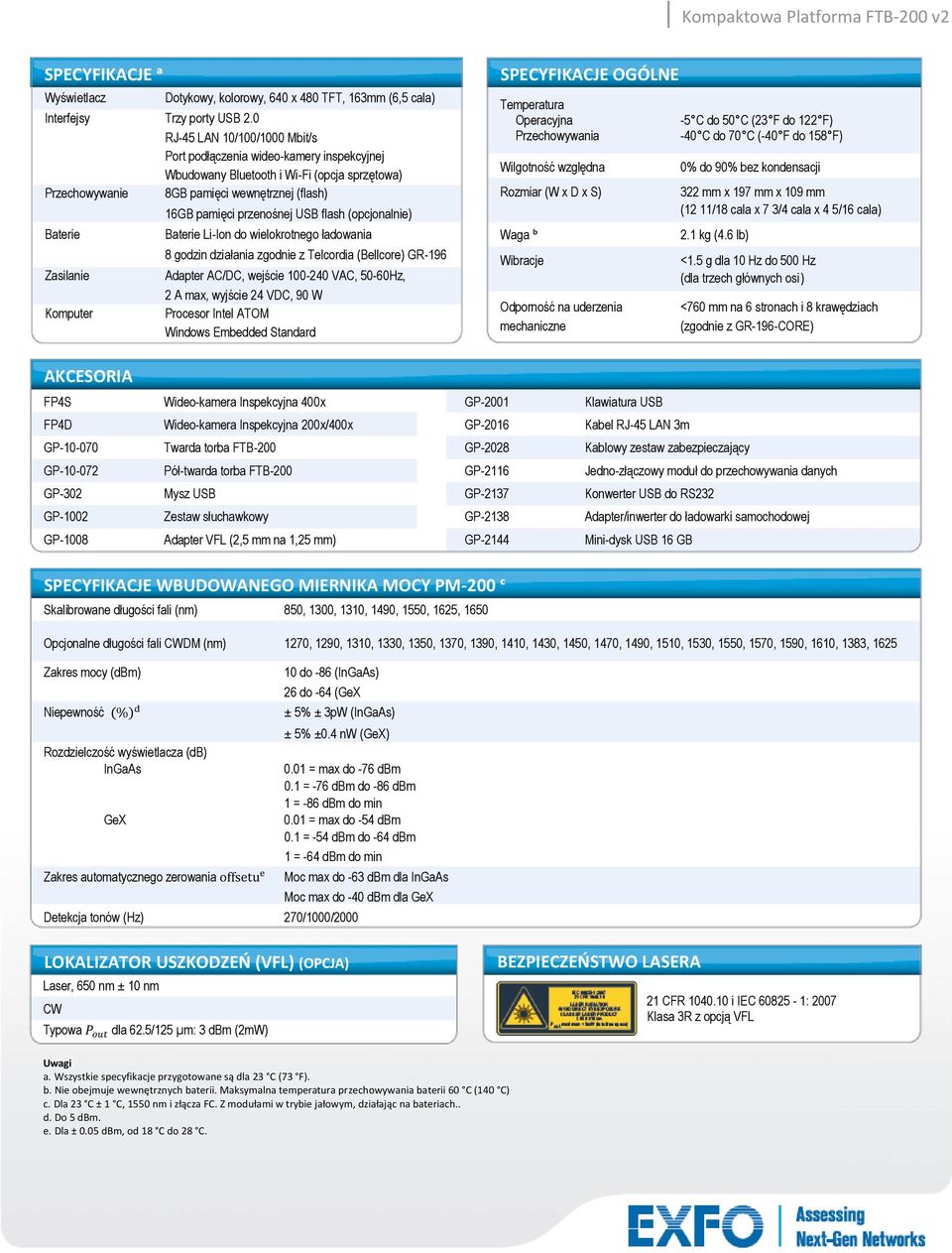 pamięci przenośnej USB flash (opcjonalnie) Baterie Li-Ion do wielokrotnego ładowania 8 godzin działania zgodnie z Telcordia (Bellcore) GR-196 Adapter AC/DC, wejście 100-240 VAC, 50-60Hz, 2 A max,