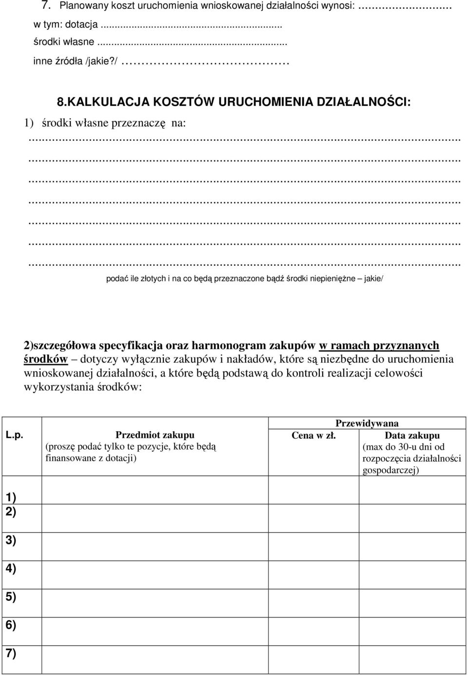 .................... podać ile złotych i na co będą przeznaczone bądź środki niepieniężne jakie/ 2)szczegółowa specyfikacja oraz harmonogram zakupów w ramach przyznanych środków dotyczy