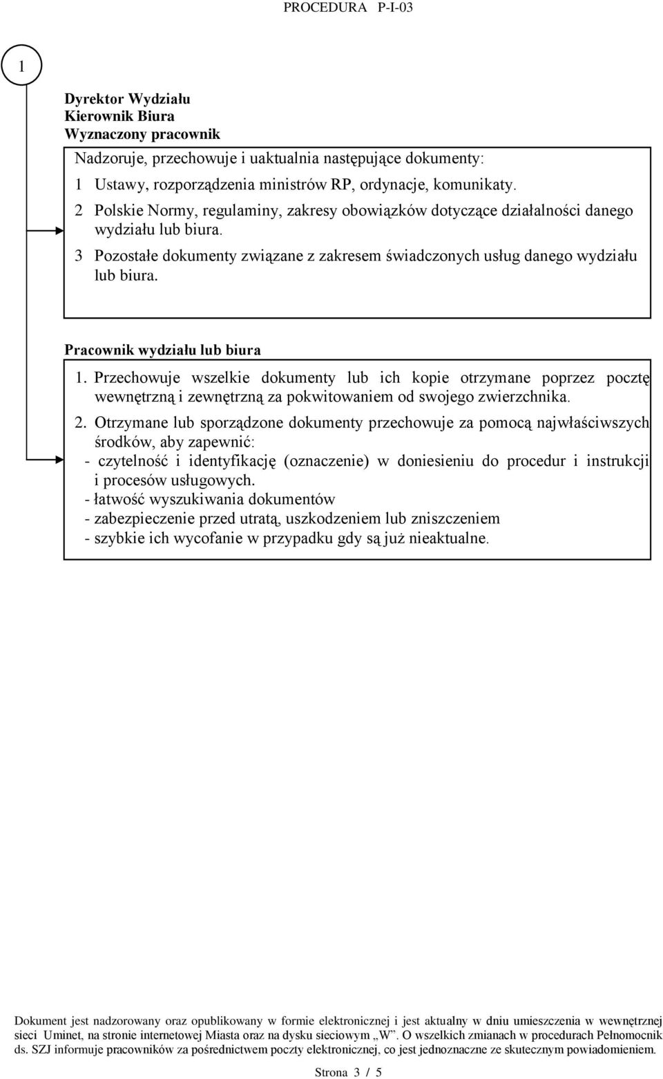 Pracownik wydziału lub biura 1. Przechowuje wszelkie dokumenty lub ich kopie otrzymane poprzez pocztę wewnętrzną i zewnętrzną za pokwitowaniem od swojego zwierzchnika. 2.