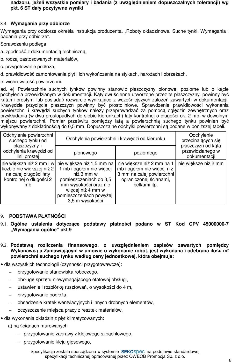 zgodność z dokumentacją techniczną, b. rodzaj zastosowanych materiałów, c. przygotowanie podłoża, d. prawidłowość zamontowania płyt i ich wykończenia na stykach, narożach i obrzeżach, e.