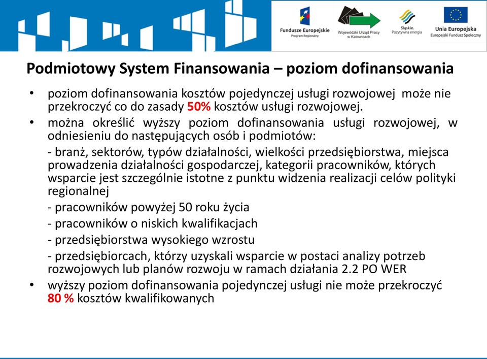 działalności gospodarczej, kategorii pracowników, których wsparcie jest szczególnie istotne z punktu widzenia realizacji celów polityki regionalnej - pracowników powyżej 50 roku życia - pracowników o