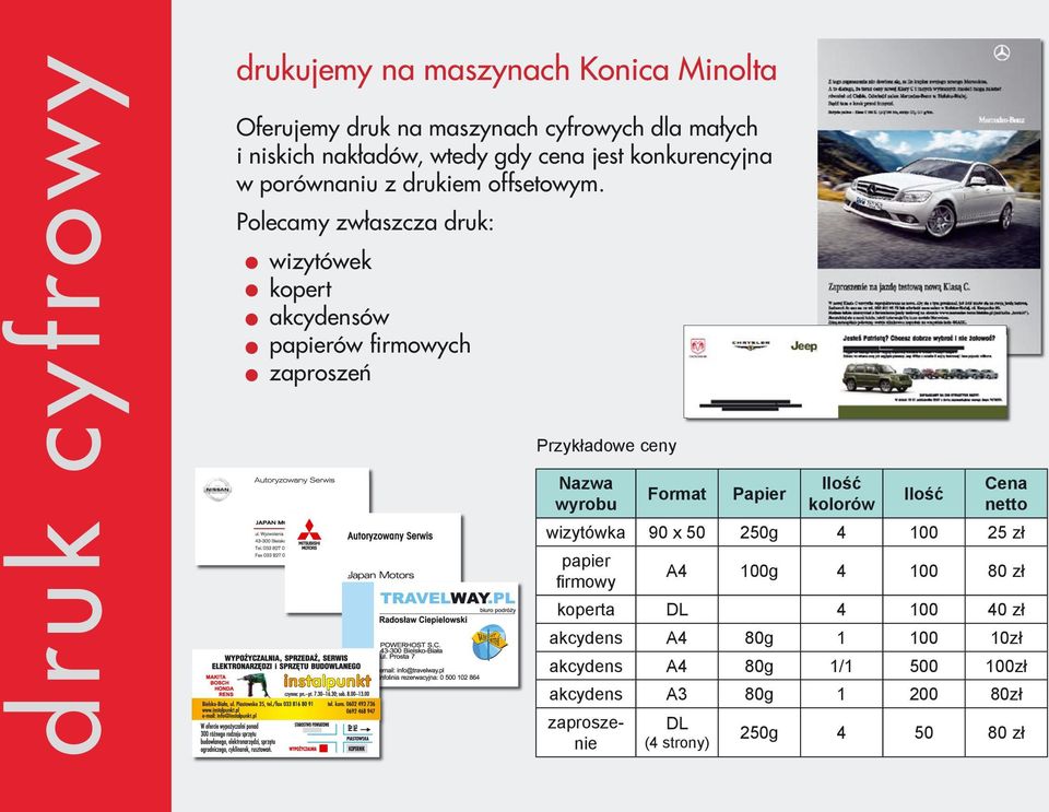 Polecamy zwłaszcza druk: wizytówek kopert akcydensów papierów firmowych zaproszeń Przykładowe ceny Nazwa wyrobu Format Papier Ilość kolorów