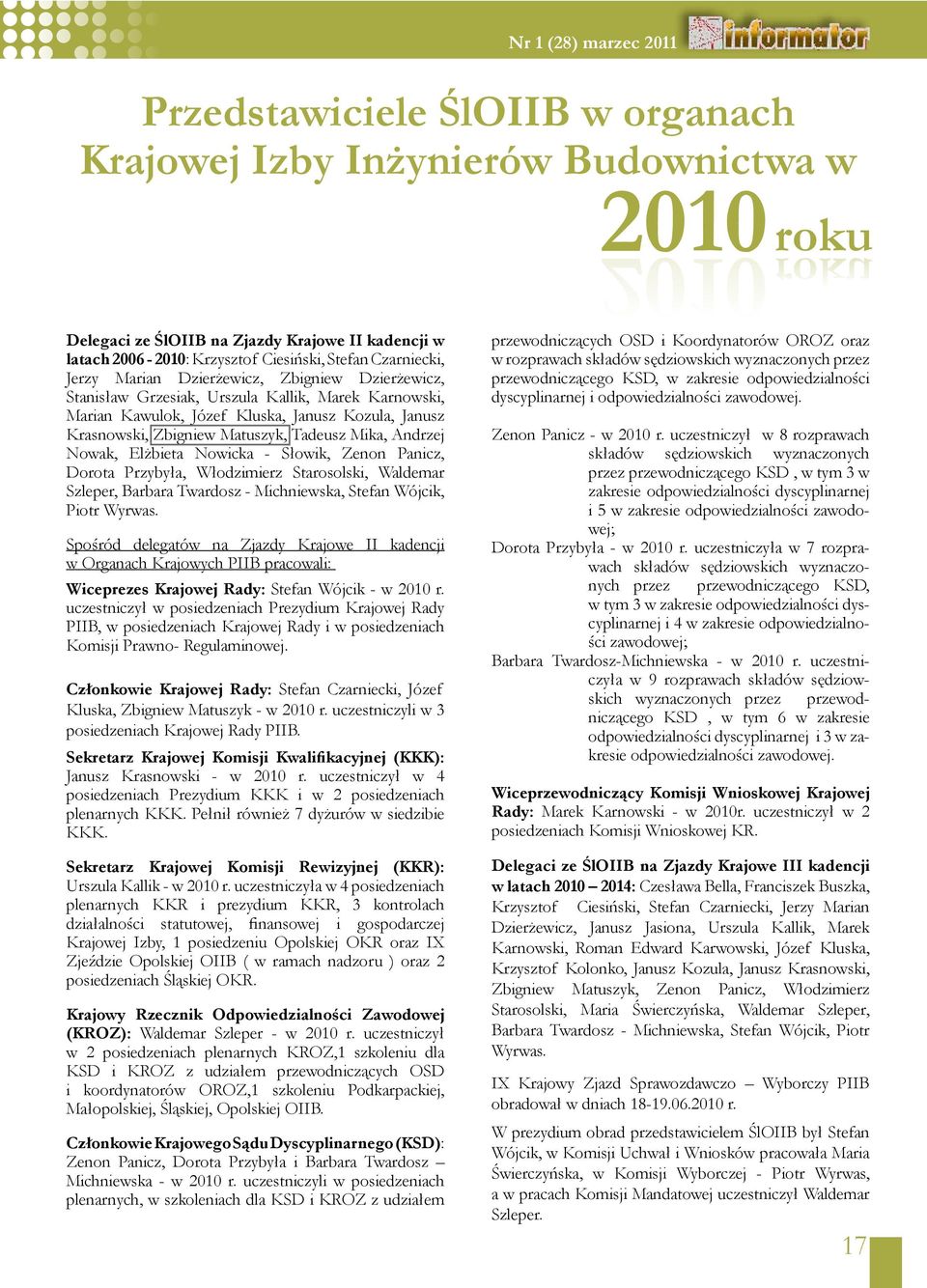 Tadeusz Mika, Andrzej Nowak, Elżbieta Nowicka - Słowik, Zenon Panicz, Dorota Przybyła, Włodzimierz Starosolski, Waldemar Szleper, Barbara Twardosz - Michniewska, Stefan Wójcik, Piotr Wyrwas.