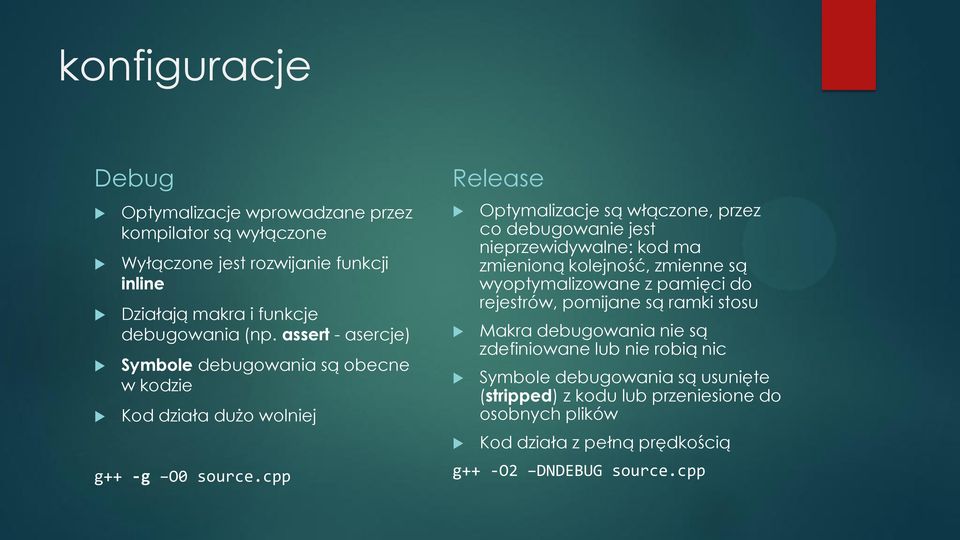 cpp Release Optymalizacje są włączone, przez co debugowanie jest nieprzewidywalne: kod ma zmienioną kolejność, zmienne są wyoptymalizowane z pamięci do