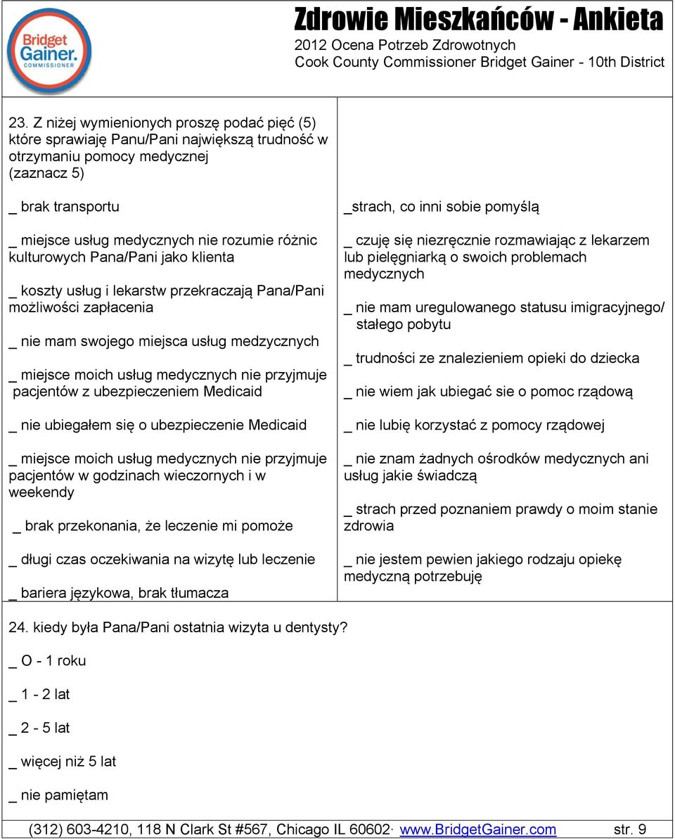 pacjentów z ubezpieczeniem Medicaid _ nie ubiegałem się o ubezpieczenie Medicaid _ miejsce moich usług medycznych nie przyjmuje pacjentów w godzinach wieczornych i w weekendy _ brak przekonania, że