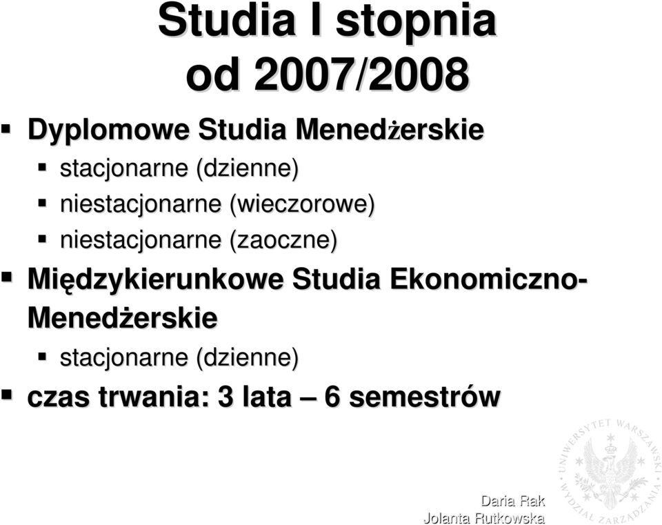 niestacjonarne (zaoczne) Międzykierunkowe Studia Ekonomiczno-