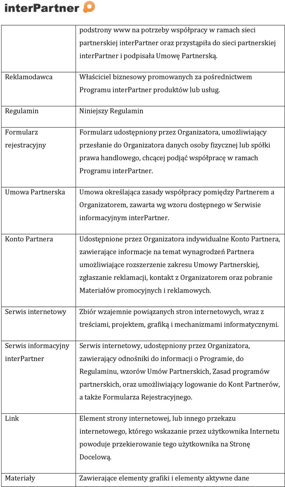 Niniejszy Regulamin Formularz udostępniony przez Organizatora, umożliwiający przesłanie do Organizatora danych osoby fizycznej lub spółki prawa handlowego, chcącej podjąć współpracę w ramach Programu