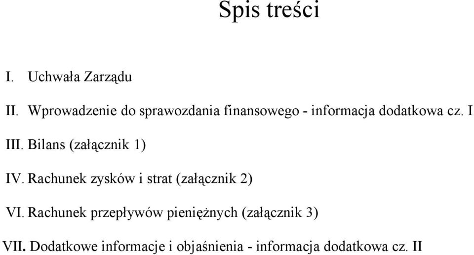 I III. Bilans (załącznik 1) IV. Rachunek zysków i strat (załącznik 2) VI.