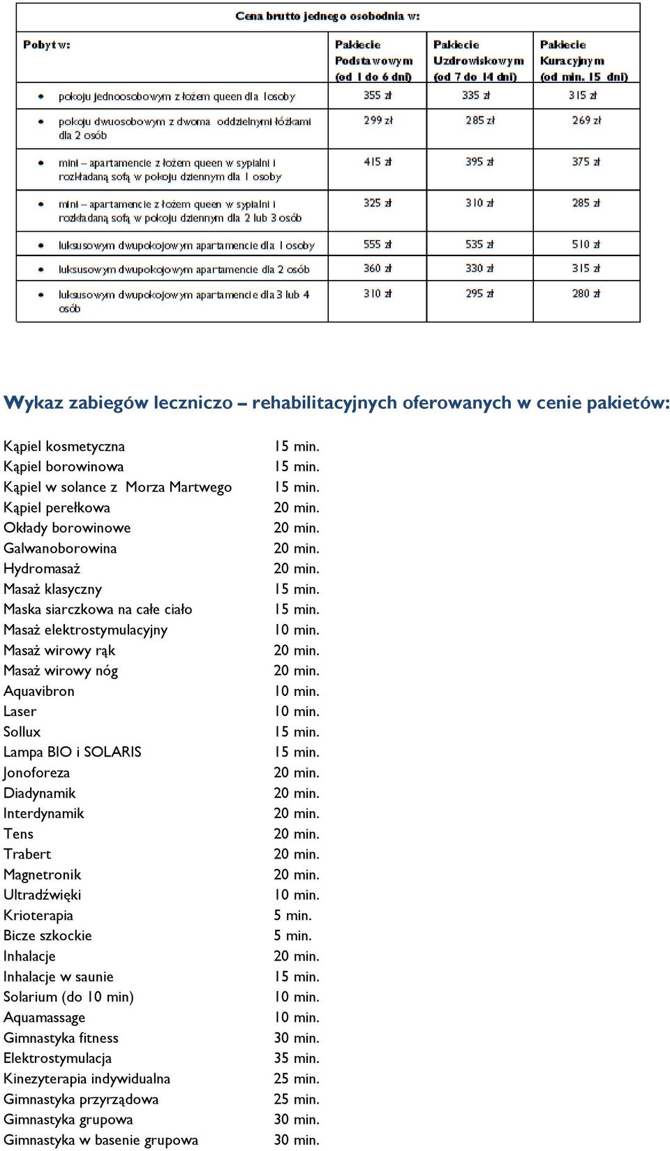 SOLARIS Jonoforeza Diadynamik Interdynamik Tens Trabert Magnetronik Ultradźwięki Krioterapia Bicze szkockie Inhalacje Inhalacje w saunie Solarium (do 10 min)