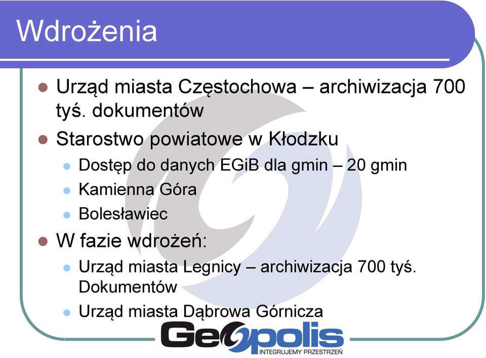dla gmin 20 gmin Kamienna Góra Bolesławiec W fazie wdrożeń: Urząd