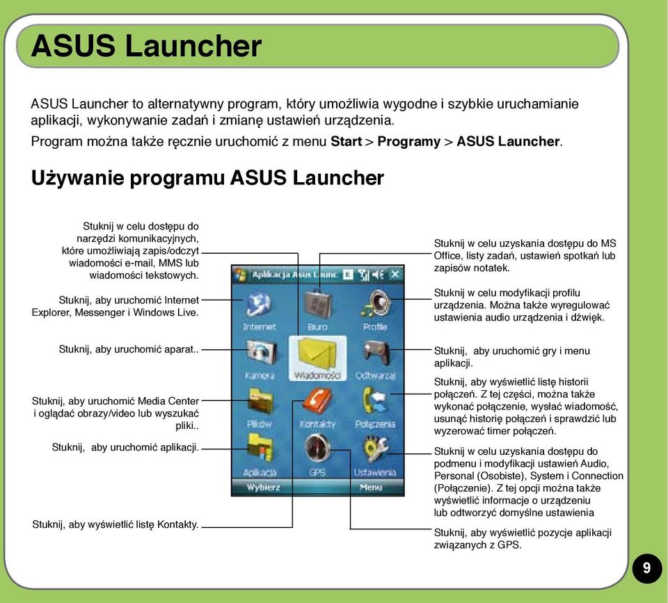 Używanie programu ASUS Launcher Stuknij w celu dostępu do narzędzi komunikacyjnych, które umożliwiają zapis/odczyt wiadomości e-mail, MMS lub wiadomości tekstowych.