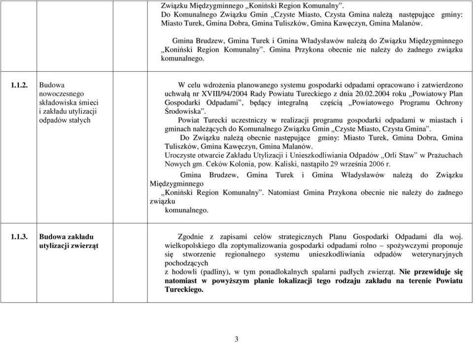Gmina Brudzew, Gmina Turek i Gmina Władysławów należą do Związku Międzygminnego Koniński Region Komunalny. Gmina Przykona obecnie nie należy do żadnego związku komunalnego. 1.1.2.