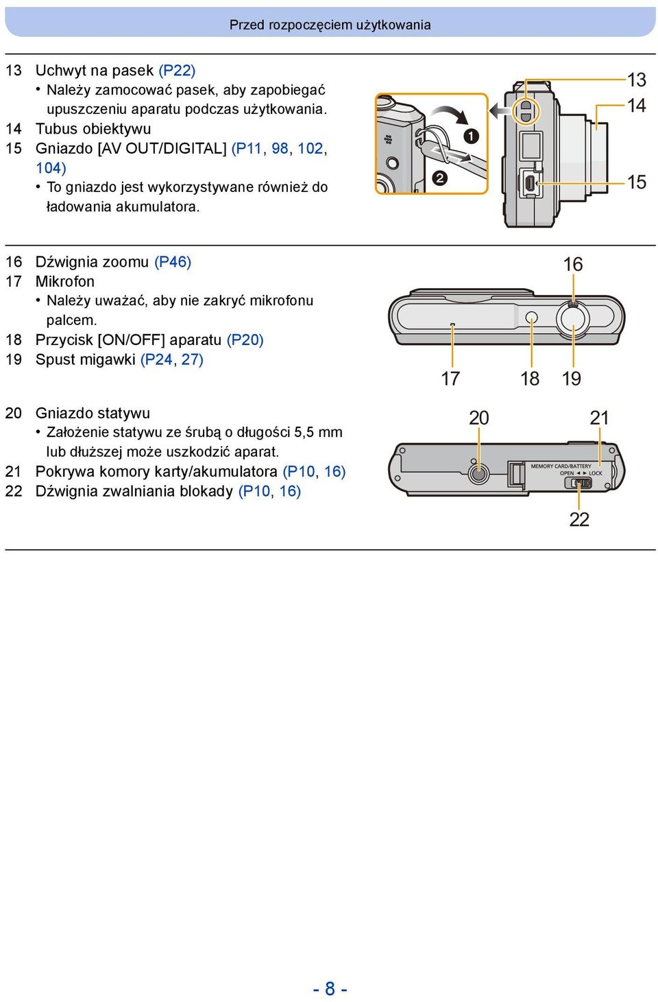13 14 15 16 Dźwignia zoomu (P46) 17 Mikrofon Należy uważać, aby nie zakryć mikrofonu palcem.