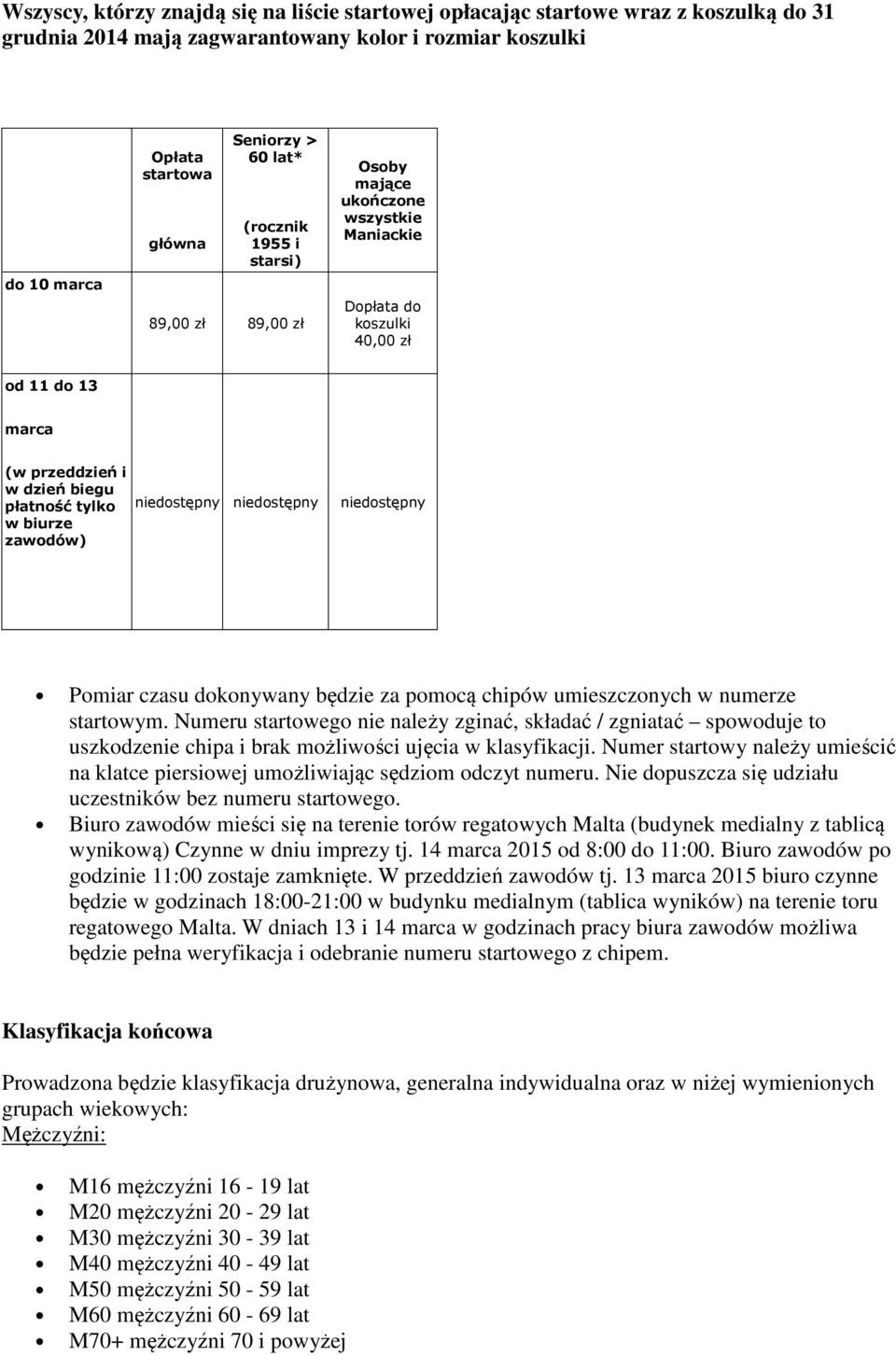 niedostępny niedostępny niedostępny Pomiar czasu dokonywany będzie za pomocą chipów umieszczonych w numerze startowym.