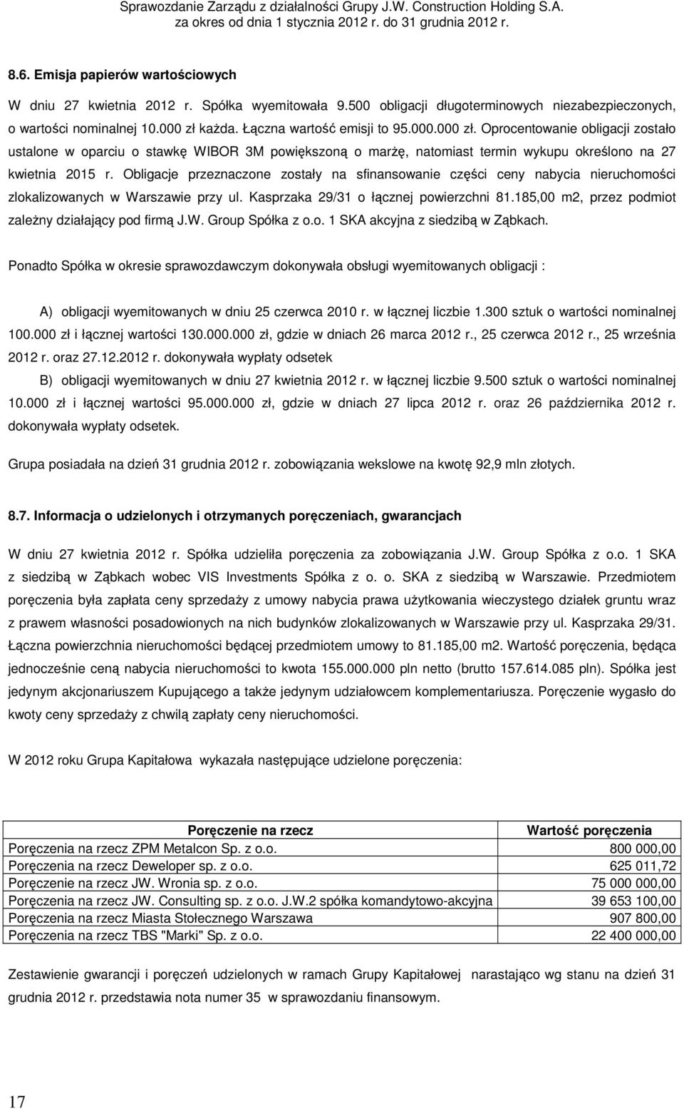 Obligacje przeznaczone zostały na sfinansowanie części ceny nabycia nieruchomości zlokalizowanych w Warszawie przy ul. Kasprzaka 29/31 o łącznej powierzchni 81.