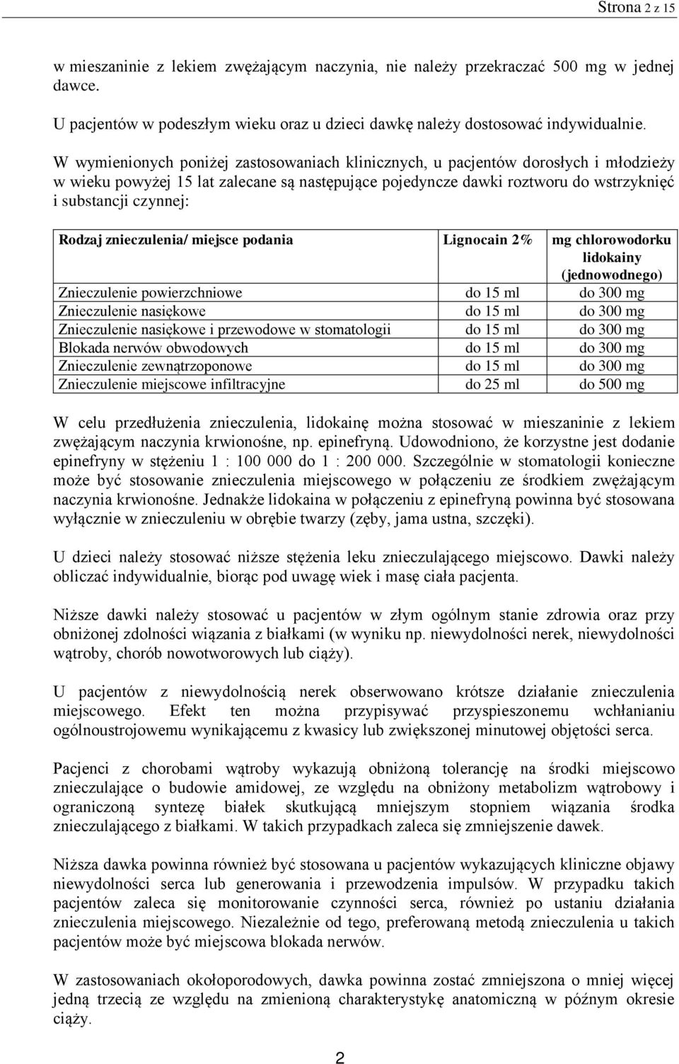 Rodzaj znieczulenia/ miejsce podania Lignocain 2% mg chlorowodorku lidokainy (jednowodnego) Znieczulenie powierzchniowe do 15 ml do 300 mg Znieczulenie nasiękowe do 15 ml do 300 mg Znieczulenie
