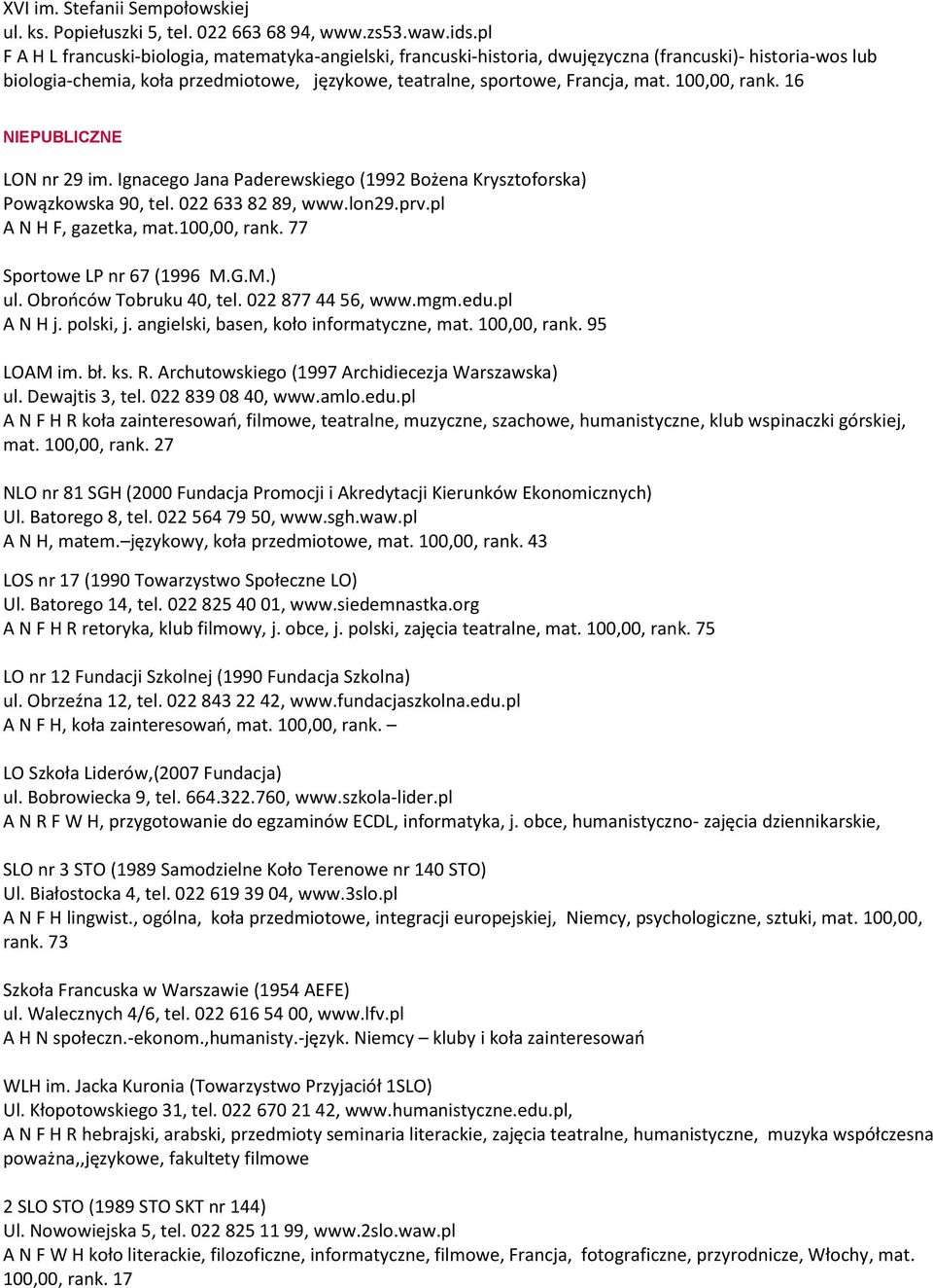 100,00, rank. 16 NIEPUBLICZNE LON nr 29 im. Ignacego Jana Paderewskiego (1992 Bożena Krysztoforska) Powązkowska 90, tel. 022 633 82 89, www.lon29.prv.pl A N H F, gazetka, mat.100,00, rank. 77 Sportowe LP nr 67 (1996 M.