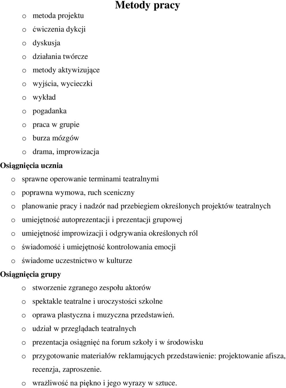 autoprezentacji i prezentacji grupowej o umiejętność improwizacji i odgrywania określonych ról o świadomość i umiejętność kontrolowania emocji o świadome uczestnictwo w kulturze Osiągnięcia grupy o