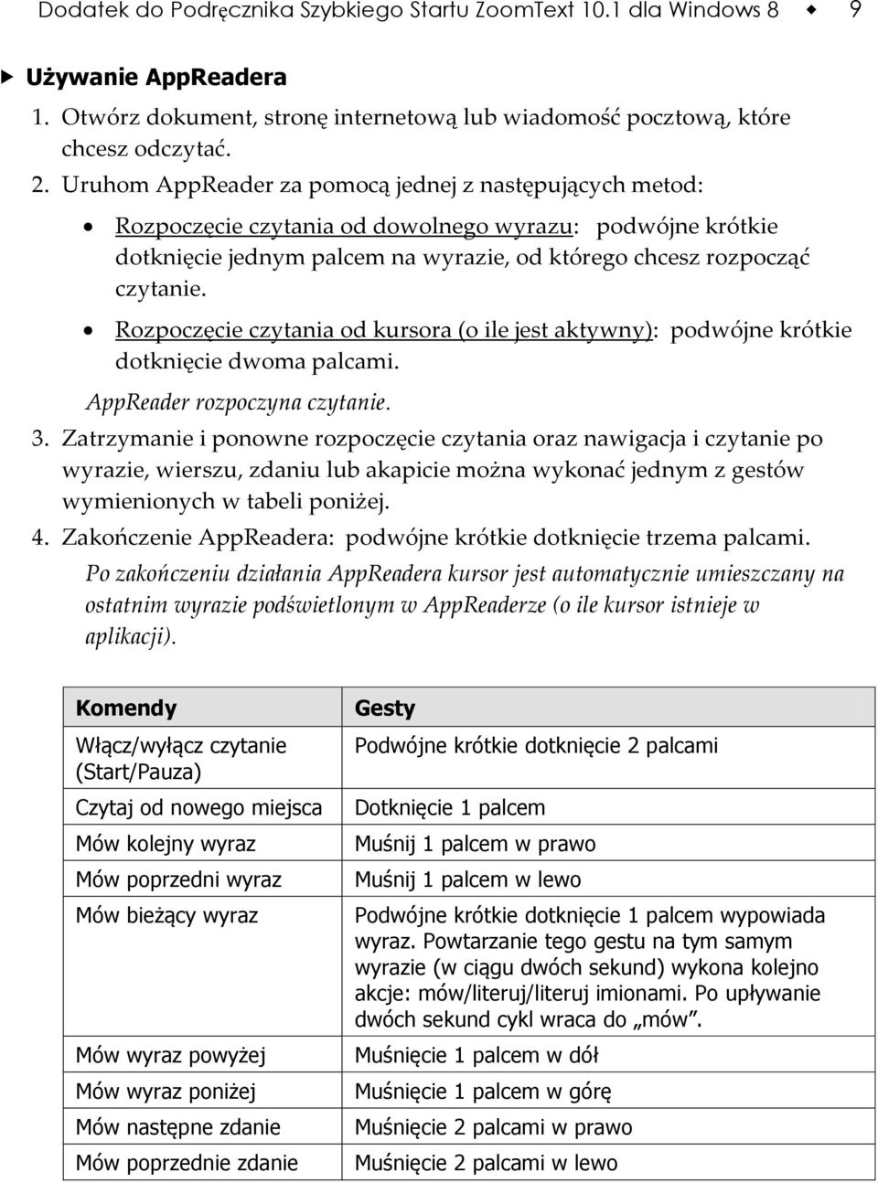 Rozpoczęcie czytania od kursora (o ile jest aktywny): podwójne krótkie dotknięcie dwoma palcami. AppReader rozpoczyna czytanie. 3.