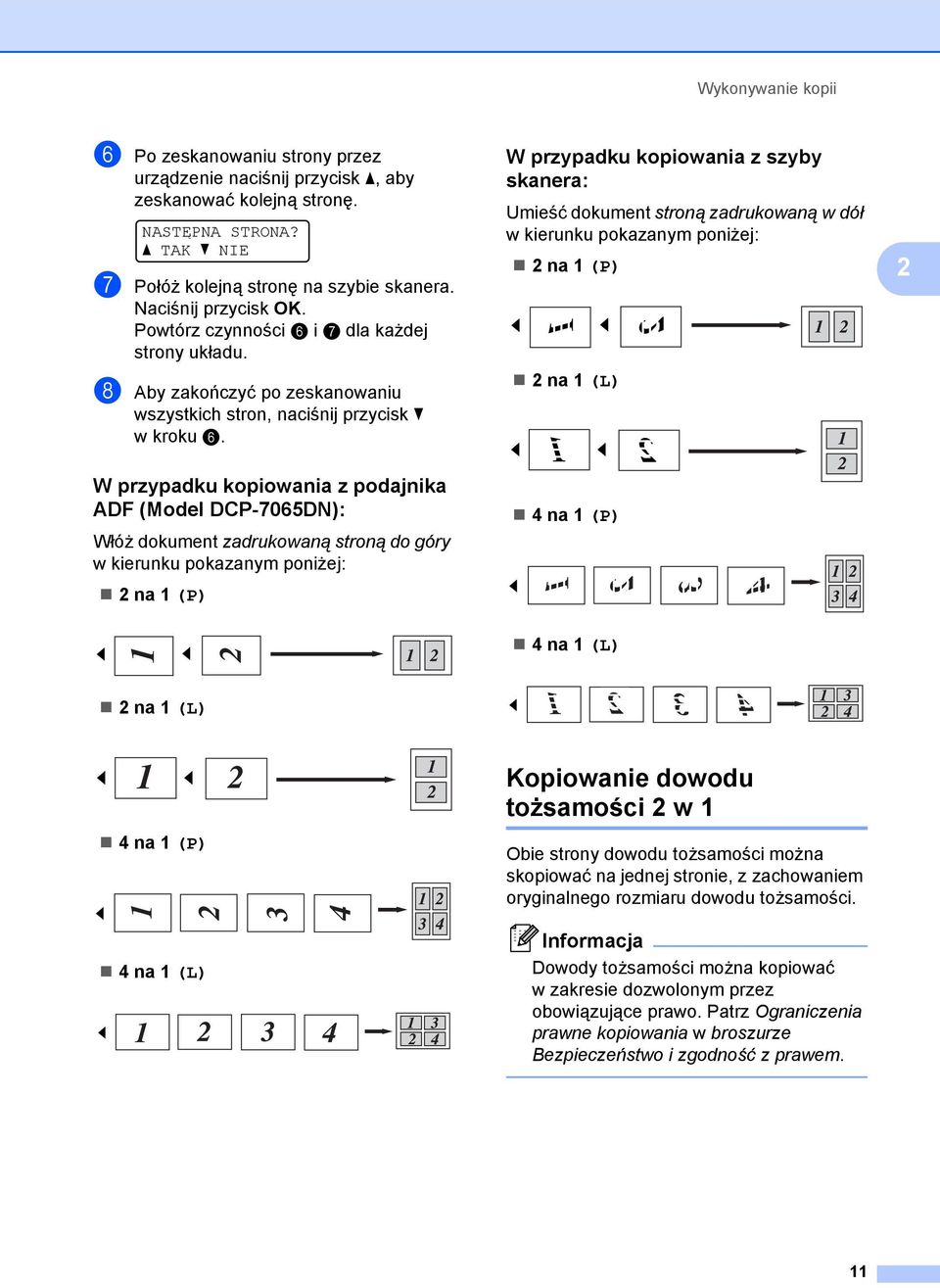 W przypadku kopiowania z podajnika ADF (Model DCP-7065DN): Włóż dokument zadrukowaną stroną do góry w kierunku pokazanym poniżej: na1(p) W przypadku kopiowania z szyby skanera: Umieść dokument stroną