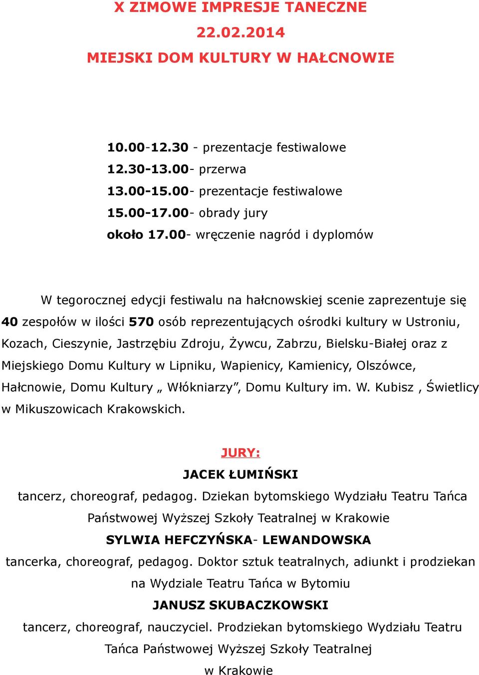 Jastrzębiu Zdroju, Żywcu, Zabrzu, Bielsku-Białej oraz z Miejskiego Domu Kultury w Lipniku, Wapienicy, Kamienicy, Olszówce, Hałcnowie, Domu Kultury Włókniarzy, Domu Kultury im. W. Kubisz, Świetlicy w Mikuszowicach Krakowskich.