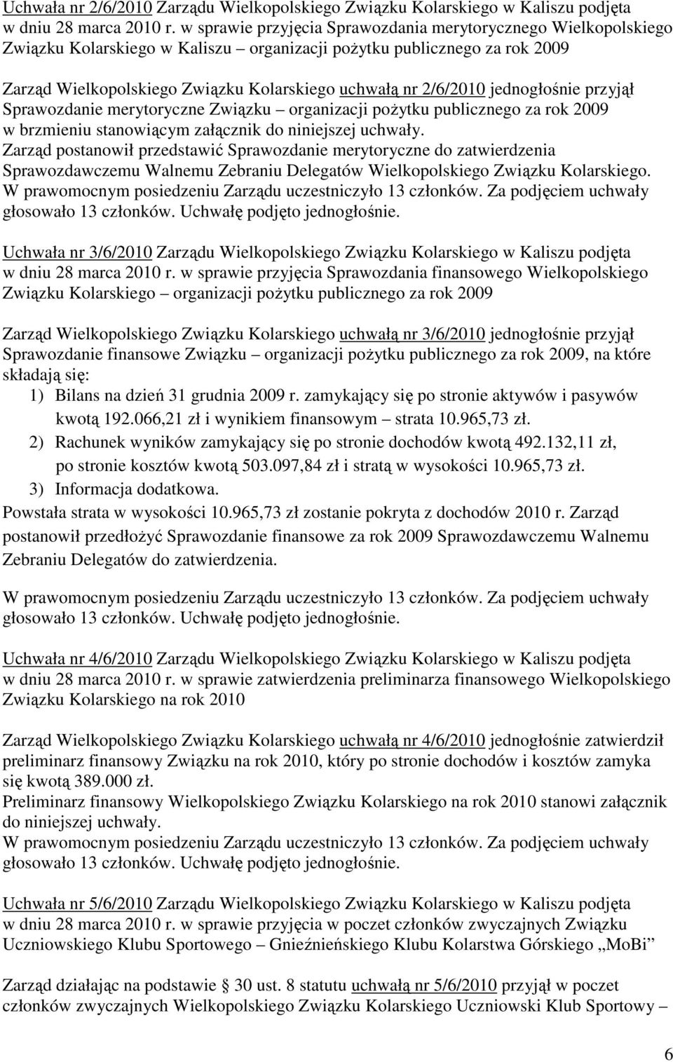 jednogłośnie przyjął Sprawozdanie merytoryczne Związku organizacji pożytku publicznego za rok 009 w brzmieniu stanowiącym załącznik do niniejszej uchwały.