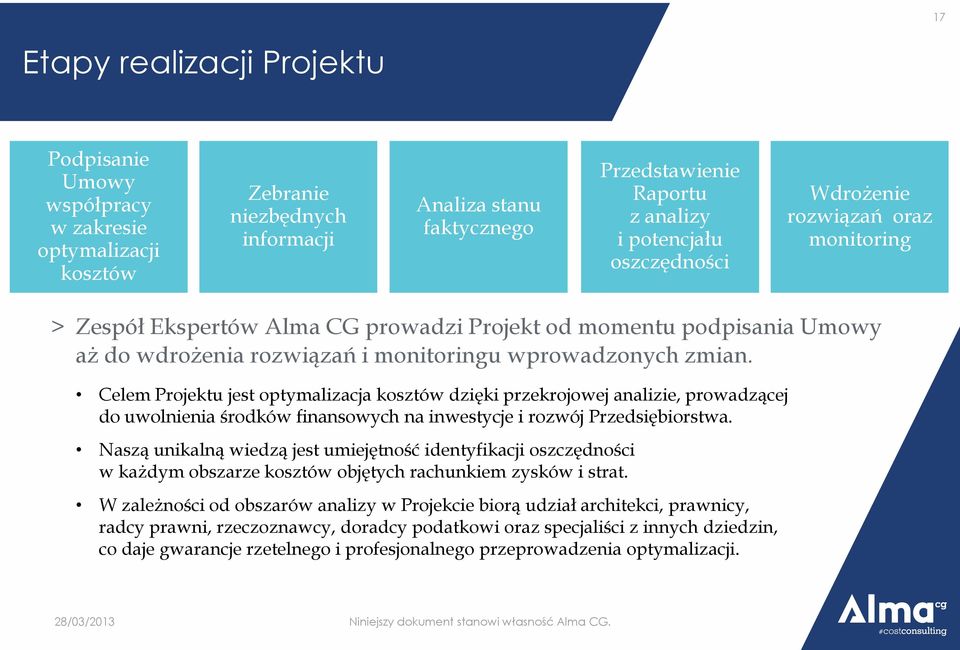 Celem Projektu jest optymalizacja kosztów dzięki przekrojowej analizie, prowadzącej do uwolnienia środków finansowych na inwestycje i rozwój Przedsiębiorstwa.