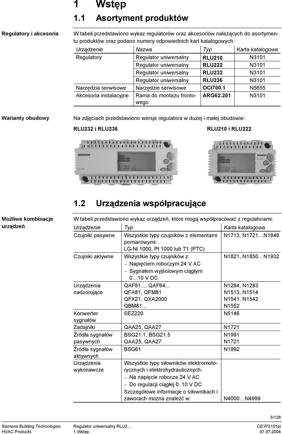 Urządzenie Nazwa Typ Karta katalogowa Regulatory Regulator uniwersalny RLU210 N3101 Regulator uniwersalny RLU222 N3101 Regulator uniwersalny RLU232 N3101 Regulator uniwersalny RLU236 N3101 Narzędzia