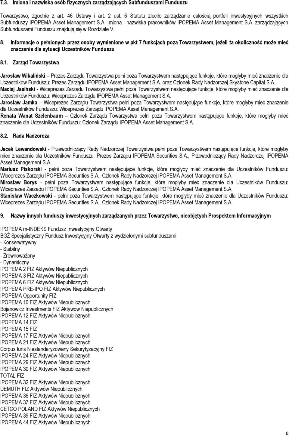 8. Informacje o pełnionych przez osoby wymienione w pkt 7 funkcjach poza Towarzystwem, jeżeli ta okoliczność może mieć znaczenie dla sytuacji Uczestników Funduszu 8.1.