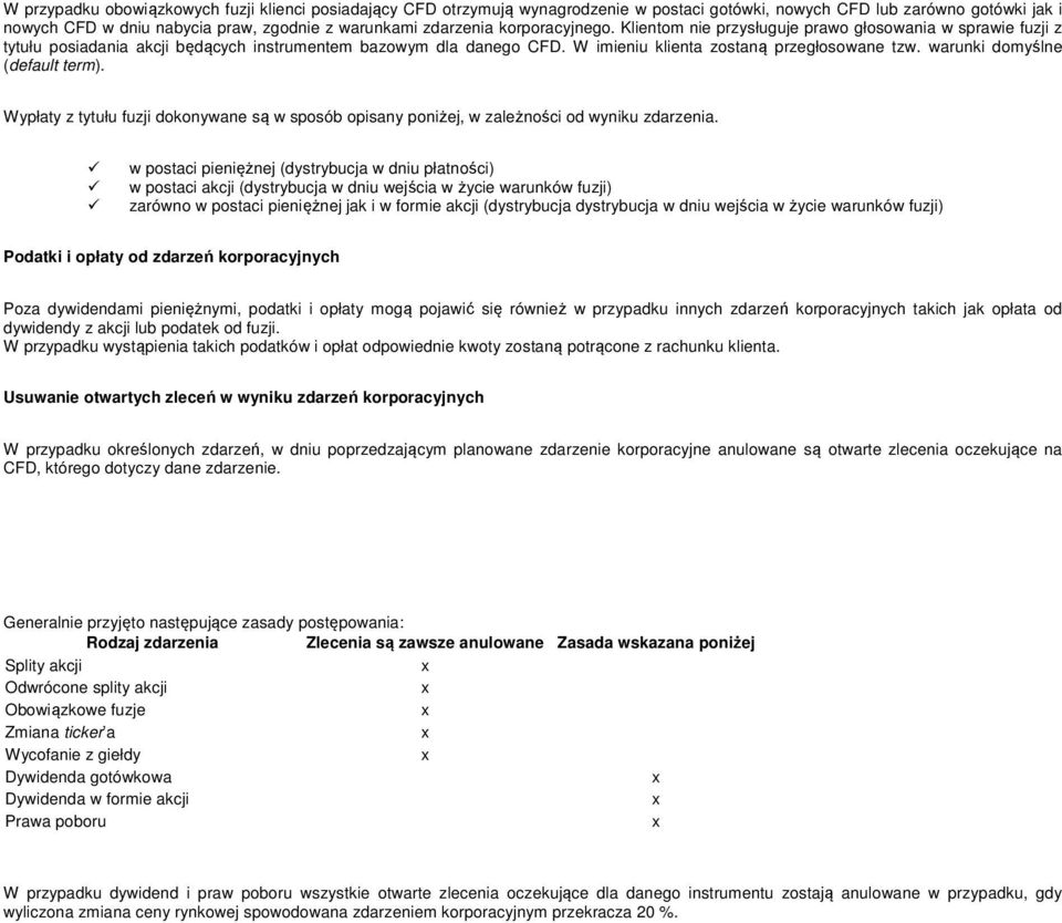 warunki domyślne (default term). Wypłaty z tytułu fuzji dokonywane są w sposób opisany poniżej, w zależności od wyniku zdarzenia.