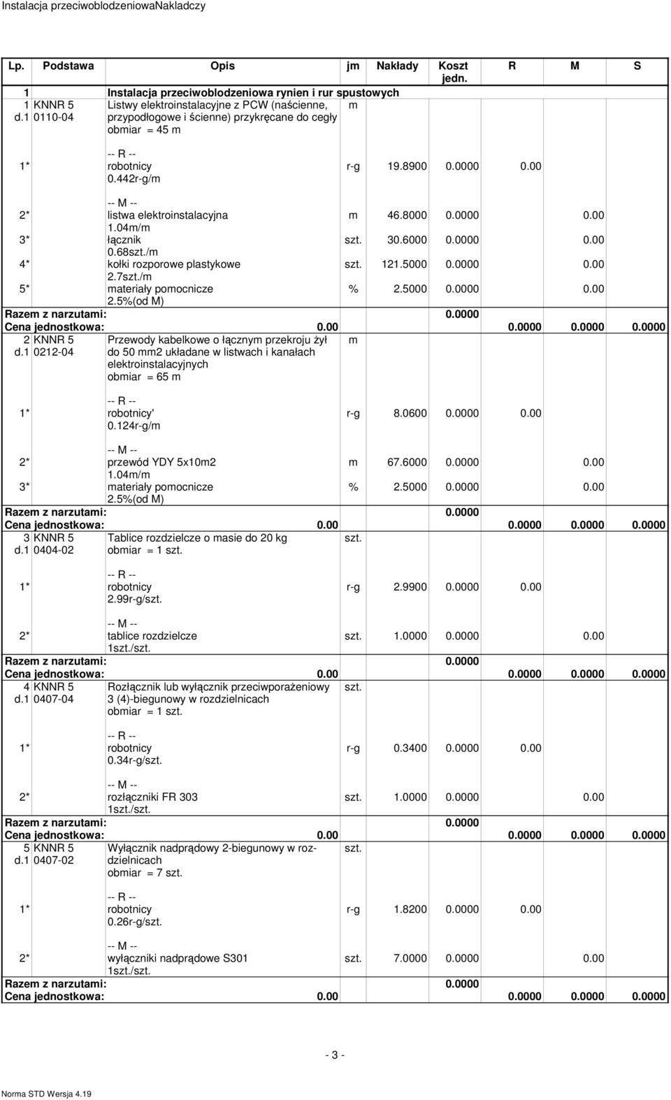 5000 0.0000 0.00 2.7/ 5* ateriały poocnicze 2 KNNR 5 d.1 0212-04 Przewody kabelkowe o łączny przekroju żył do 50 2 układane w listwach i kanałach elektroinstalacyjnych obiar = 65 ' 0.124r-g/ r-g 8.