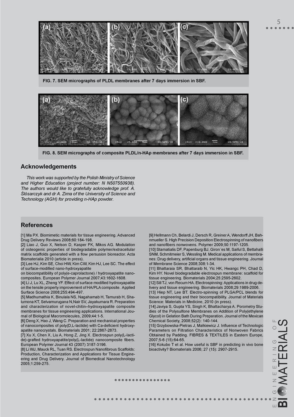 Ślósarczyk and dr A. Zima of the University of Science and Technology (AGH) for providing n-hap powder. References [1] Ma PX. Biomimetic materials for tissue engineering.