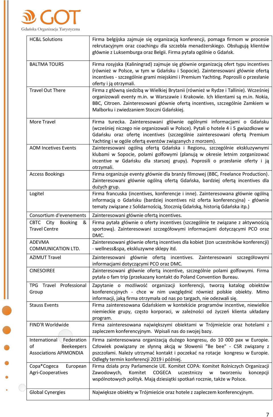 Firma rosyjska (Kaliningrad) zajmuje się głównie organizacją ofert typu incentives (również w Polsce, w tym w Gdańsku i Sopocie).