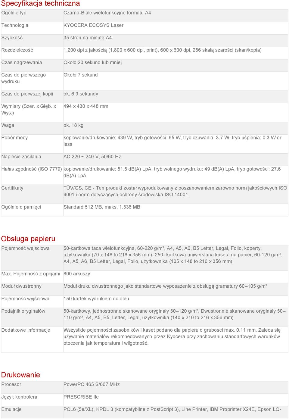 ) Waga Pobór mocy Napięcie zasilania KYOCERA ECOSYS Laser 35 stron na minutę A4 1,200 dpi z jakością (1,800 x 600 dpi, print), 600 x 600 dpi, 256 skalą szarości (skan/kopia) Około 20 sekund lub mniej