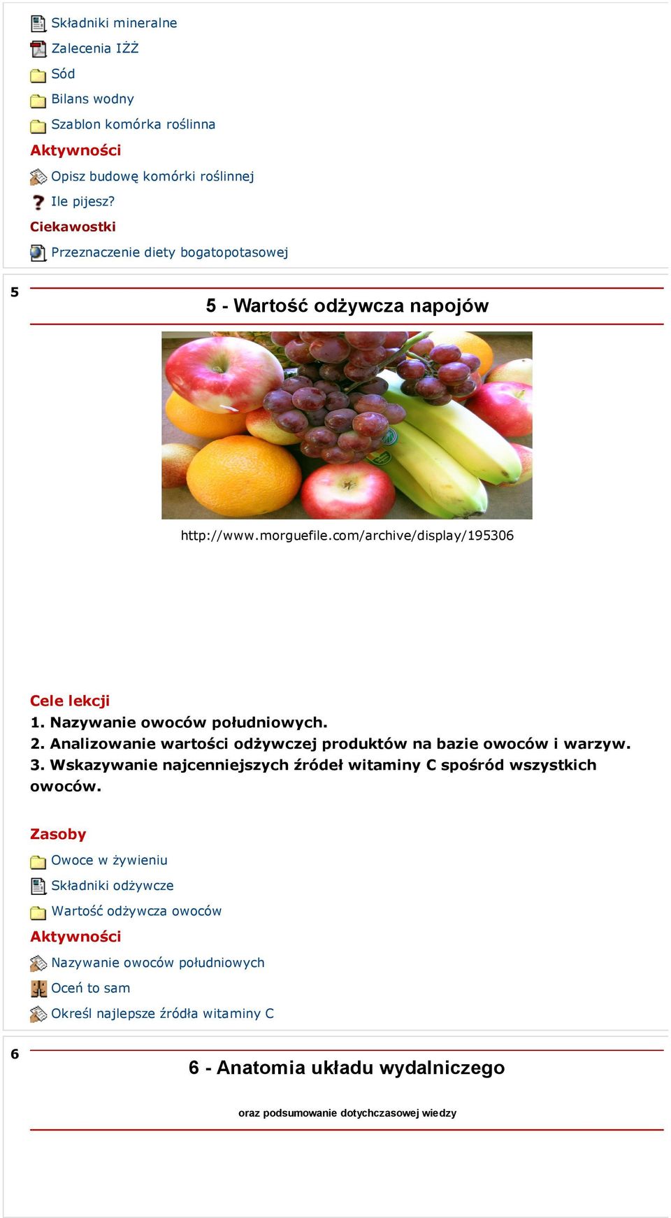 Nazywanie owoców południowych. 2. Analizowanie wartości odżywczej produktów na bazie owoców i warzyw. 3.