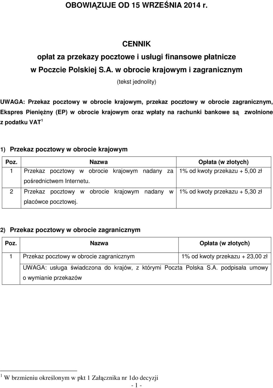 w obrocie krajowym i zagranicznym (tekst jednolity) UWAGA: Przekaz pocztowy w obrocie krajowym, przekaz pocztowy w obrocie zagranicznym, Ekspres PienięŜny (EP) w obrocie krajowym oraz wpłaty na