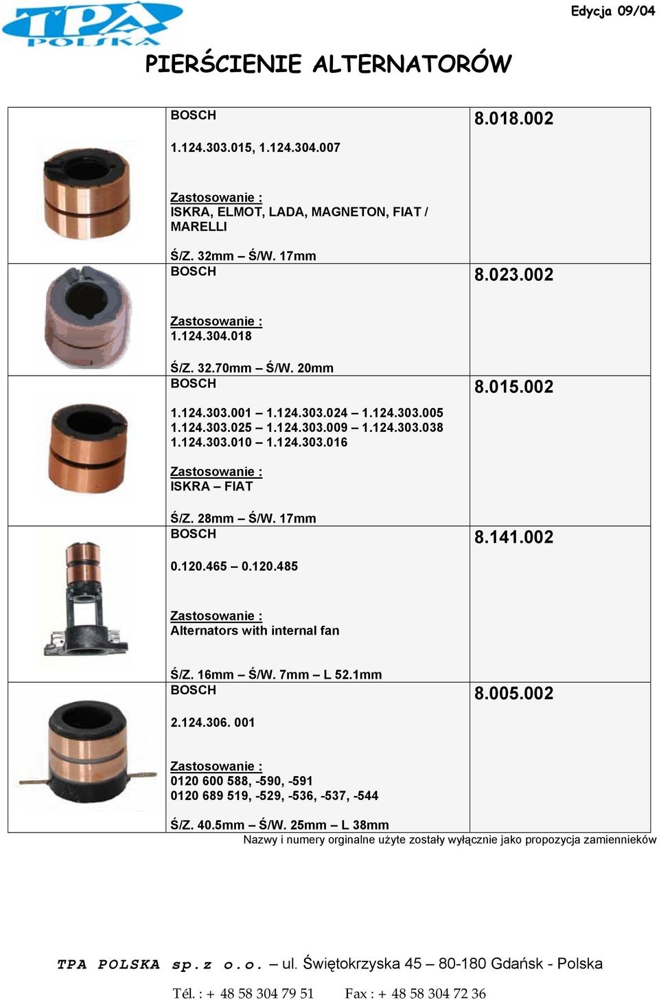 015.002 ISKRA FIAT Ś/Z. 28mm Ś/W. 17mm BOSCH 8.141.002 0.120.465 0.120.485 Alternators with internal fan Ś/Z. 16mm Ś/W. 7mm L 52.