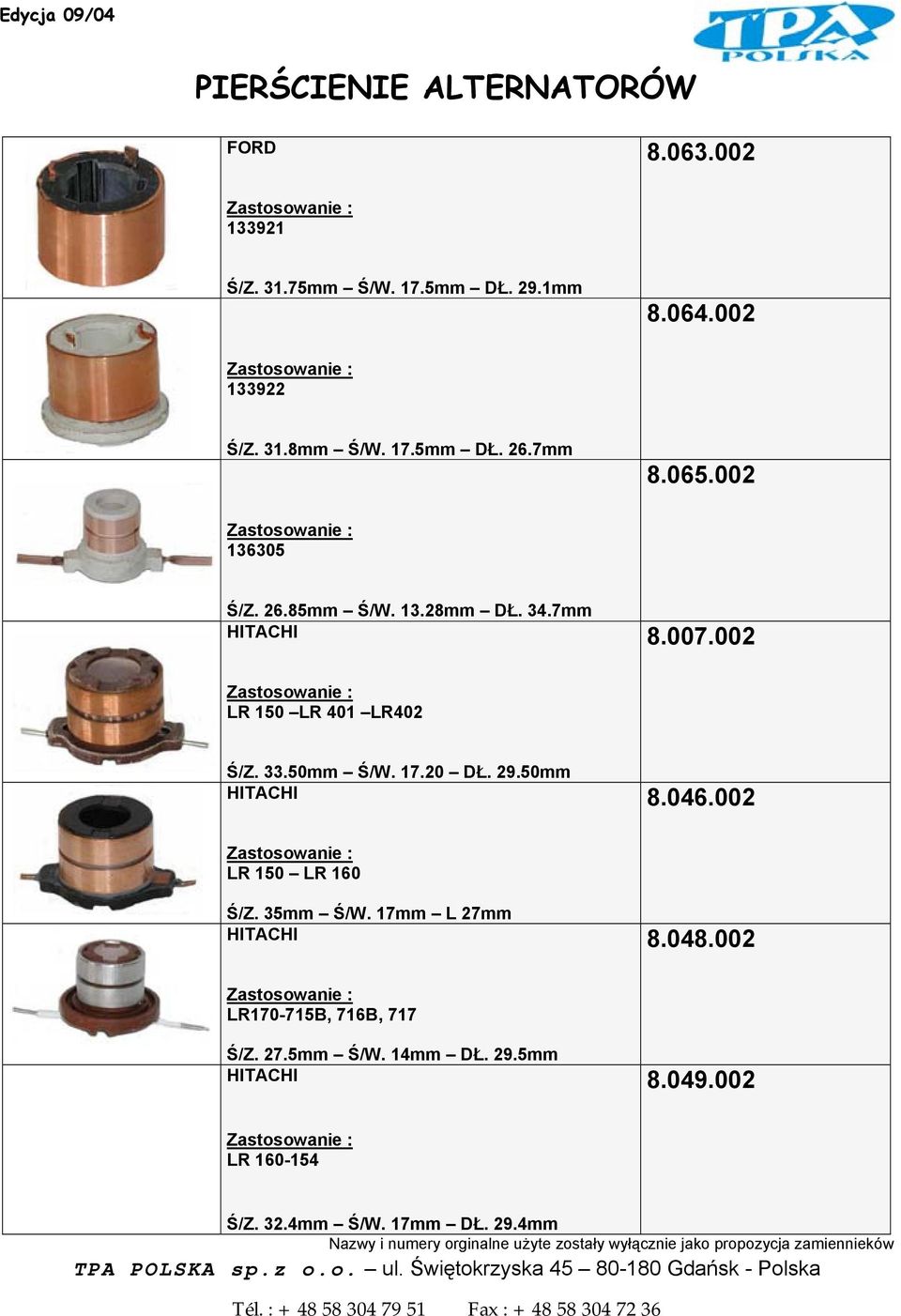 50mm Ś/W. 17.20 DŁ. 29.50mm 8.046.002 LR 150 LR 160 Ś/Z. 35mm Ś/W. 17mm L 27mm 8.048.