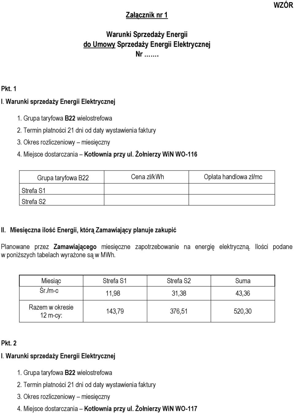 Żołnierzy WiN WO-116 Strefa S2 Grupa taryfowa B22 Cena zł/kwh Opłata handlowa zł/mc Miesiąc Strefa S2 Suma Śr.