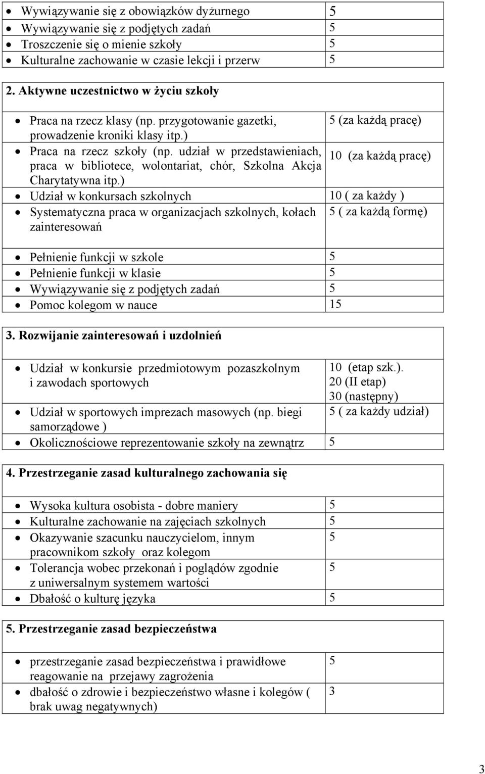 udział w przedstawieniach, 10 (za każdą pracę) praca w bibliotece, wolontariat, chór, Szkolna Akcja Charytatywna itp.