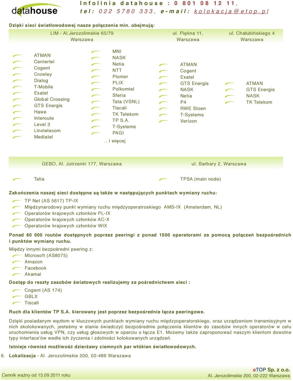 TP S.A. T-Systems PAGI.. i więcej Cogent Exatel Netia P4 RWE Stoen T-Systems Verizon TK Telekom GEBO, Al. Jutrzenki 177, ul.