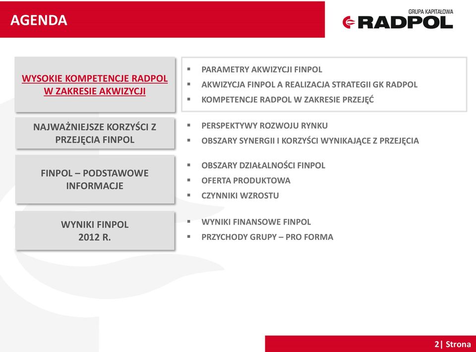 PARAMETRY AKWIZYCJI FINPOL AKWIZYCJA FINPOL A REALIZACJA STRATEGII GK RADPOL KOMPETENCJE RADPOL W ZAKRESIE PRZEJĘĆ