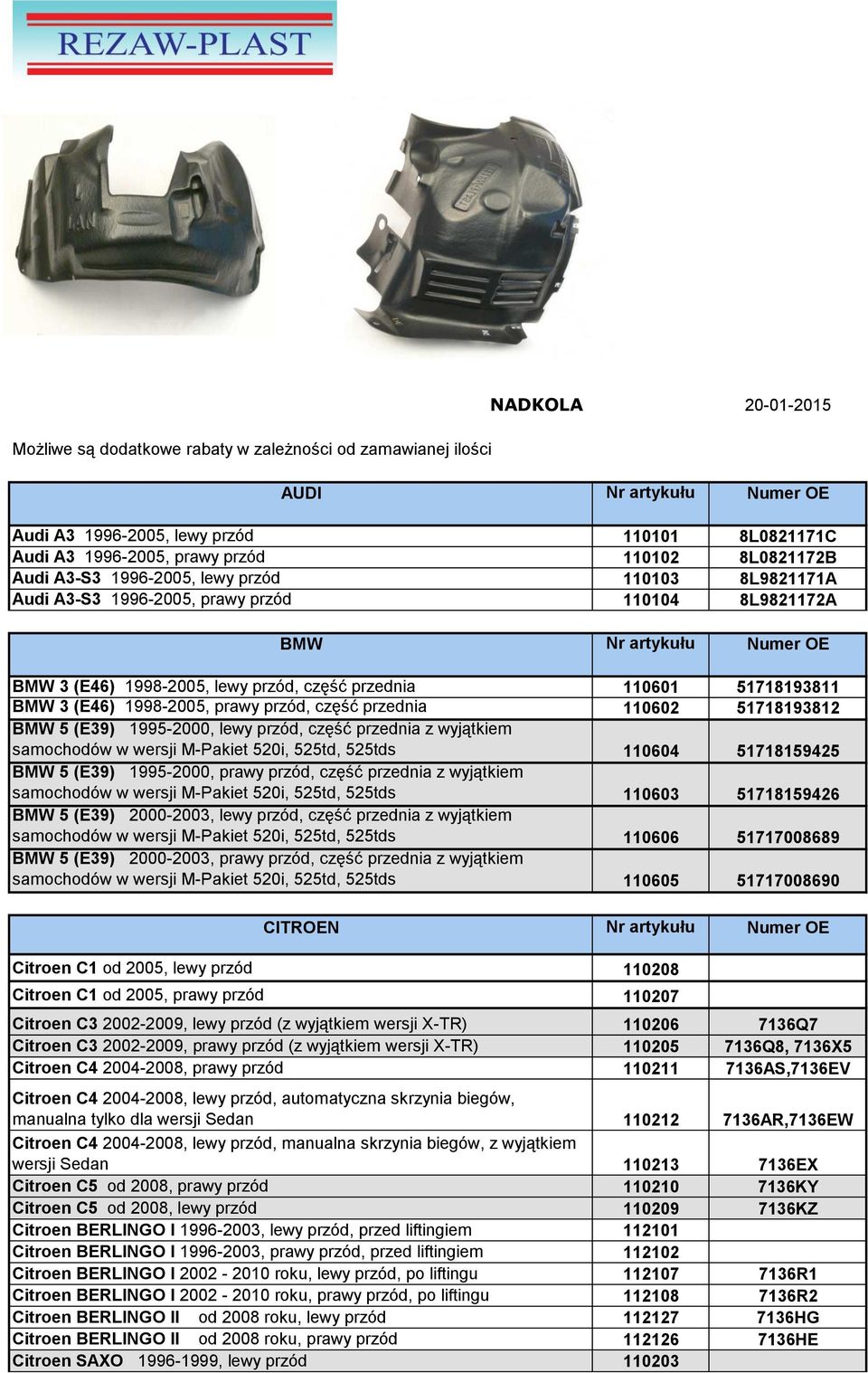 51718193811 BMW 3 (E46) 1998-2005, prawy przód, część przednia 110602 51718193812 BMW 5 (E39) 1995-2000, lewy przód, część przednia z wyjątkiem samochodów w wersji M-Pakiet 520i, 525td, 525tds 110604