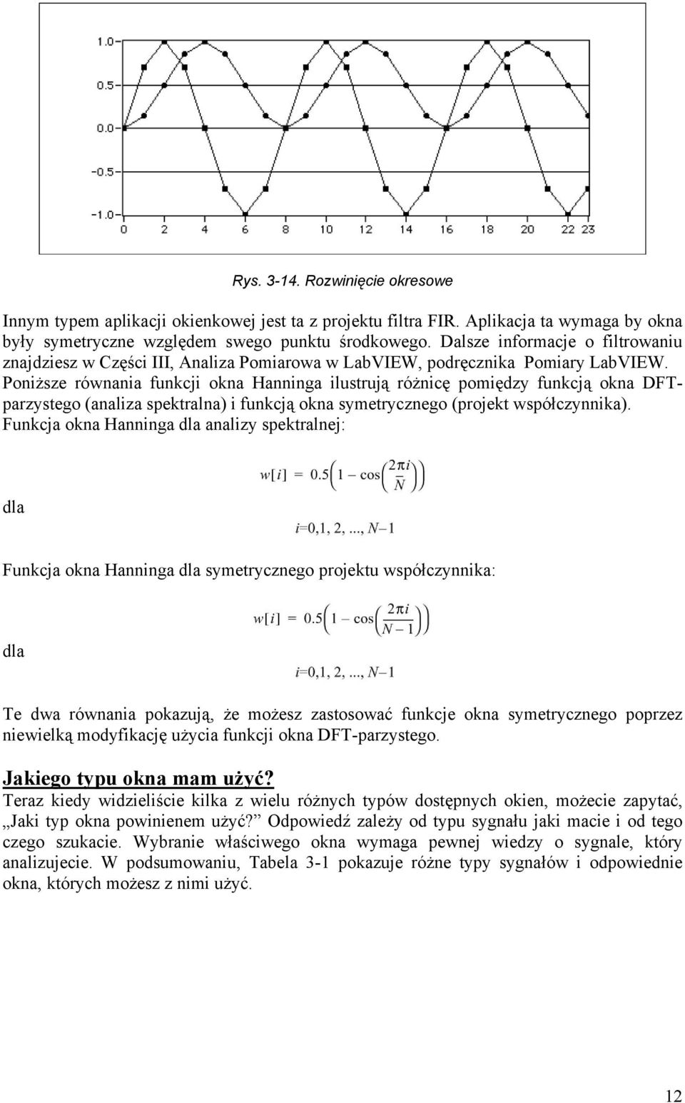 Poniższe równania funkcji okna Hanninga ilustrują różnicę pomiędzy funkcją okna DFTparzystego (analiza spektralna) i funkcją okna symetrycznego (projekt współczynnika).