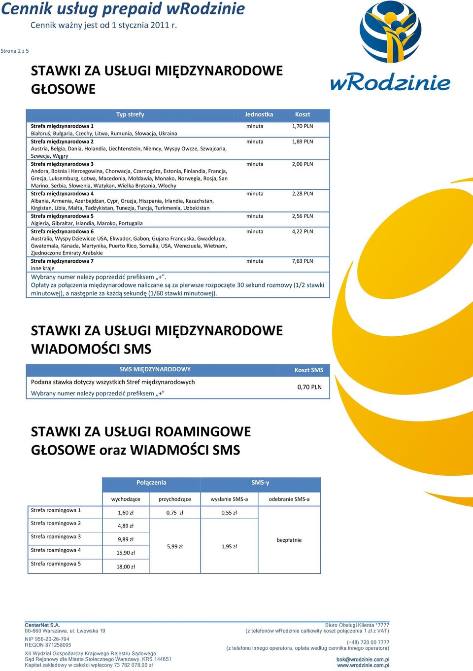 Estonia, Finlandia, Francja, Grecja, Luksemburg, Łotwa, Macedonia, Mołdawia, Monako, Norwegia, Rosja, San Marino, Serbia, Słowenia, Watykan, Wielka Brytania, Włochy Strefa międzynarodowa 4 2,28 PLN