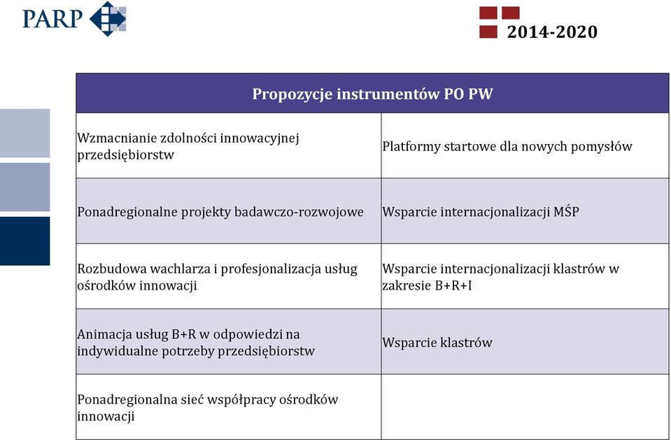 profesjonalizacja usług ośrodków innowacji Wsparcie internacjonalizacji klastrów w zakresie B+R+I Animacja usług B+R
