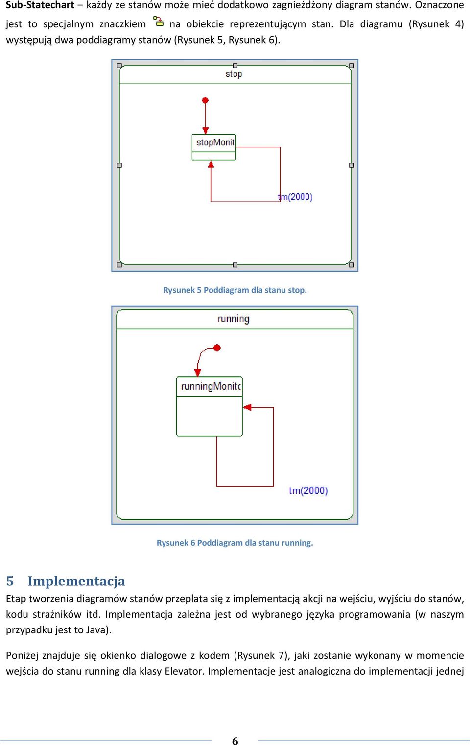 5 Implementacja Etap tworzenia diagramów stanów przeplata się z implementacją akcji na wejściu, wyjściu do stanów, kodu strażników itd.