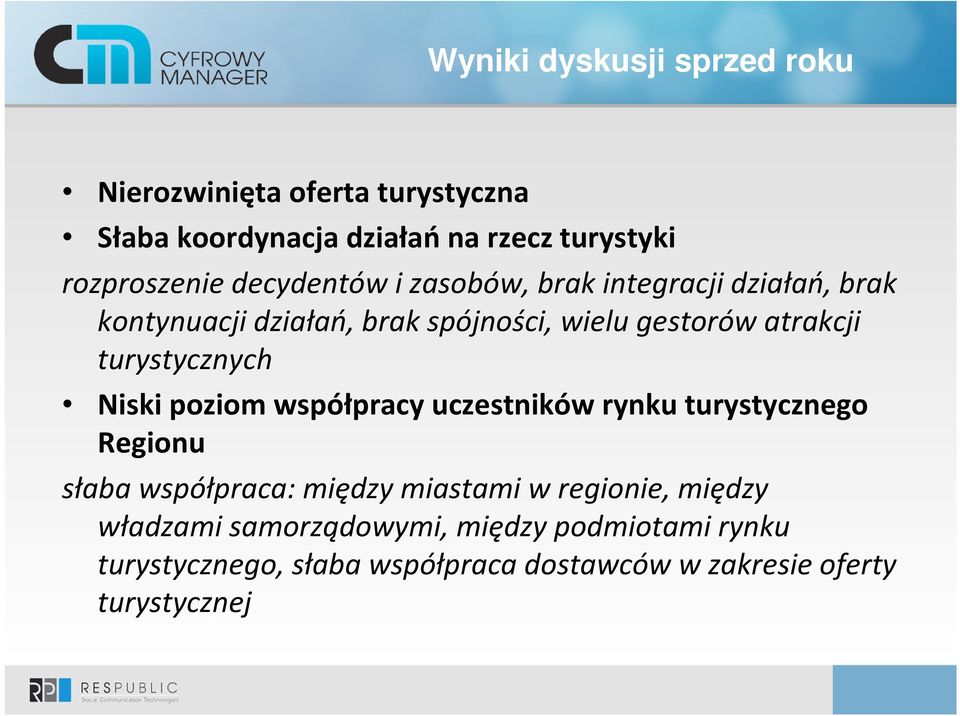 turystycznych Niski poziom współpracy uczestników rynku turystycznego Regionu słaba współpraca: między miastami w